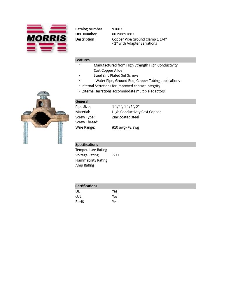 Morris Products 91662 Ground Pipe Clamp, With Adaptor Serrations, 2-10 Wire Range, 1-1/4" - 2" Water Pipe Range - Image 4
