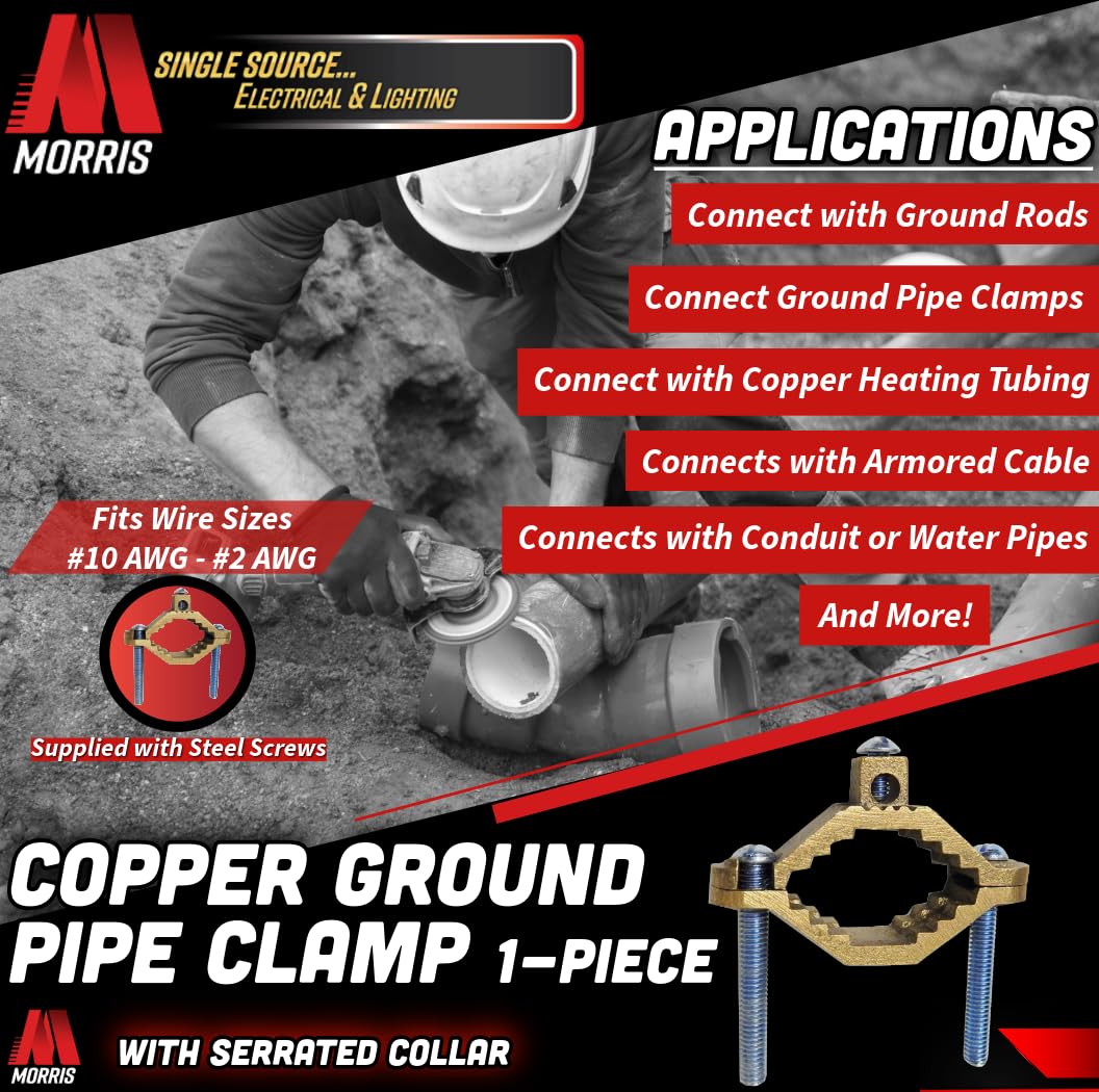 Morris Products 91662 Ground Pipe Clamp, With Adaptor Serrations, 2-10 Wire Range, 1-1/4" - 2" Water Pipe Range - Image 3