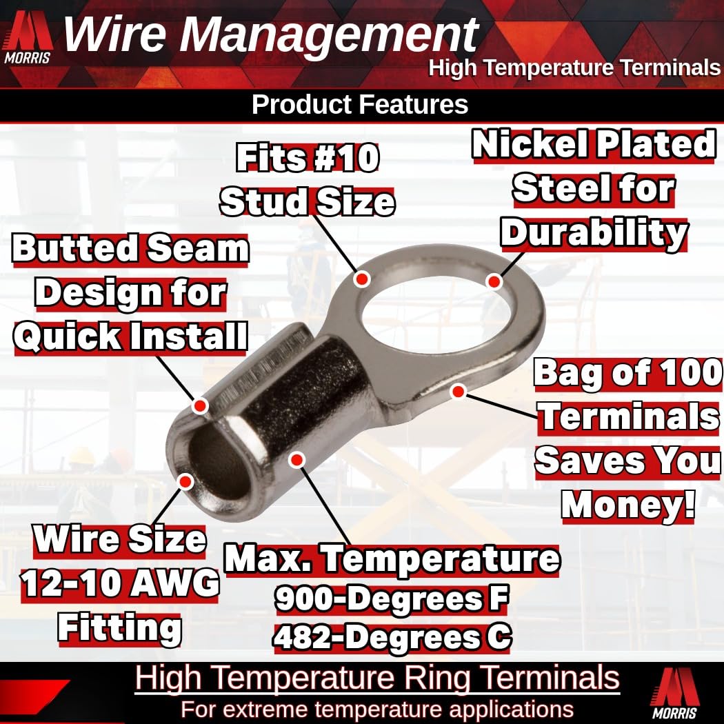Morris Products High Temperature Ring Terminals - 12-10 Wire Size, #10 Stud Size - Nickel-Plated Steel - For HVAC, Industrial Kilns, Electric Space Heaters, Commercial Ovens, Fryers - Pack of 100 - Image 3